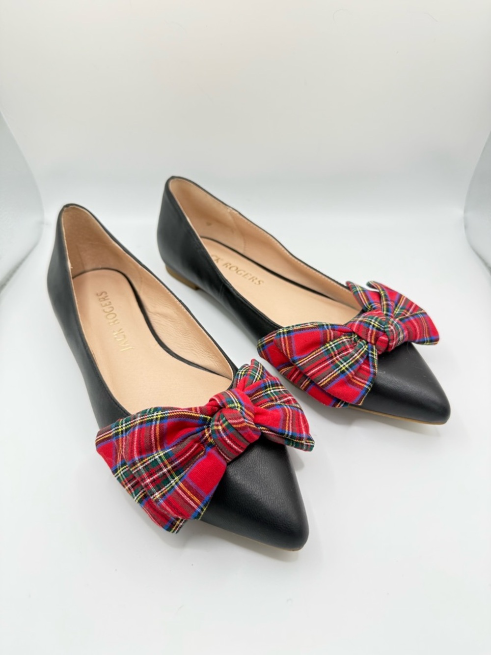 Jack Rogers‎ Women's Debra Ballet Flats Black Leather Tartan Plaid Bow Women’s 7